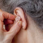 közelkép-idős nő-behelyező-ITC-hallókészülék-fül