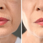 Senior vrouw voor en na biorevitalisatieprocedure, close-up